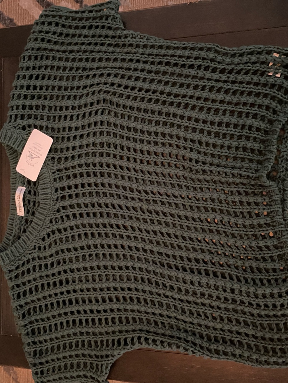 Zenana Outfitters Open-Weave Crewneck Sweater in Forest Green